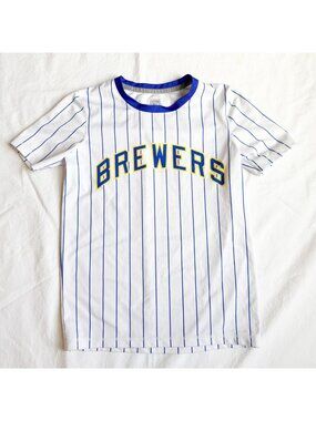 MKE Brewers Youth Pinstripe T-Shirt White & Blue Cooperstown Collection Small